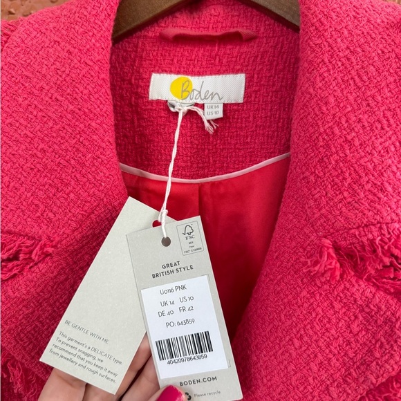 BODEN TEXTURED FITTED CROPPED JACKET PINK CORAL SIZE 10 Business Preppy Fringe - Picture 2 of 7